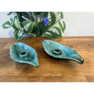 Vintage Blue‎ Mountain Pottery Leaf Candle Holders – Drip Glaze Green Blue Pair